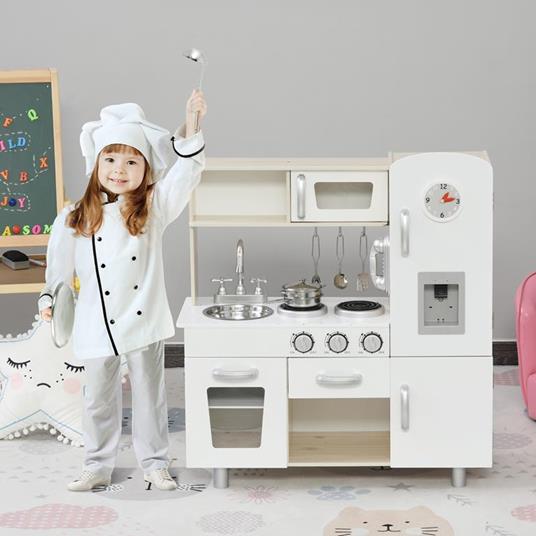 HOMCOM Cucina Giocattolo in Legno per Bambini con Lavandino e Fornelli Pentole e Utensili - Bianco - 2