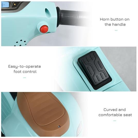 HOMCOM Moto Elettrica per Bambini con Licenza Ufficiale Vespa Batteria 6V, Fari e Clacson, per Bimbi da 18-36 mesi, Verde, 66.5x38x52cm - 4
