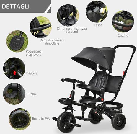 HOMCOM Triciclo con Maniglione Passeggino Pieghevole per Bambini 1-5 Anni, Tettuccio e Barra Rimovibili - Nero - 6