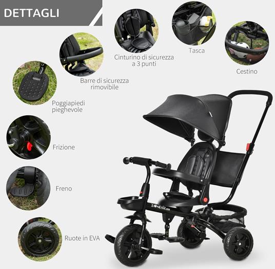 HOMCOM Triciclo con Maniglione Passeggino Pieghevole per Bambini 1-5 Anni, Tettuccio e Barra Rimovibili - Nero - 6