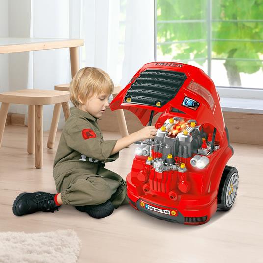 HOMCOM Officina Camion Giocattolo con Motore e 61 Accessori per Bambini 3-5 Anni, Ruote e Maniglia, 40x39x47cm - Rosso - 2
