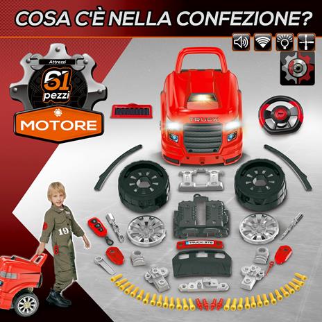 HOMCOM Officina Camion Giocattolo con Motore e 61 Accessori per Bambini 3-5 Anni, Ruote e Maniglia, 40x39x47cm - Rosso - 3