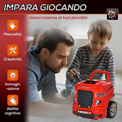 HOMCOM Officina Camion Giocattolo con Motore e 61 Accessori per Bambini 3-5 Anni, Ruote e Maniglia, 40x39x47cm - Rosso - 4