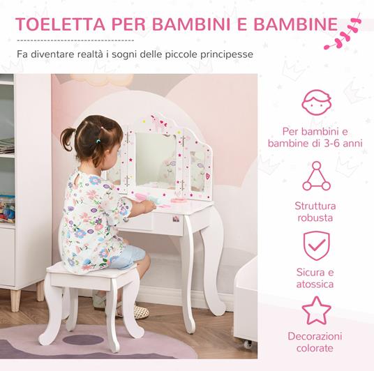 HOMCOM Toeletta per Bambini con Sgabello in Legno, Tavolo Trucco con Triplo  Specchio e Cassetto, 63x40x85.5cm - Bianco