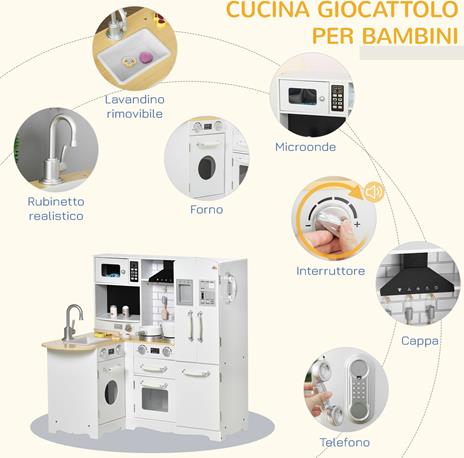 HOMCOM Cucina Giocattolo per Bambini 3-6 Anni in Legno con Suoni, 14 Accessori, Forno, Lavandino e Frigo, 82x65x87cm - Bianco - 3