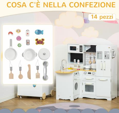 HOMCOM Cucina Giocattolo per Bambini 3-6 Anni in Legno con Suoni, 14 Accessori, Forno, Lavandino e Frigo, 82x65x87cm - Bianco - 5