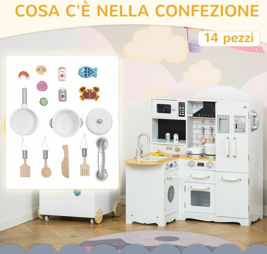 HOMCOM Cucina Giocattolo per Bambini 3-6 Anni in Legno con Suoni, 14 Accessori, Forno, Lavandino e Frigo, 82x65x87cm - Bianco - 5