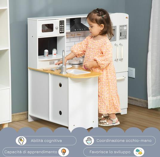 HOMCOM Cucina Giocattolo per Bambini 3-6 Anni in Legno con Suoni, 14 Accessori, Forno, Lavandino e Frigo, 82x65x87cm - Bianco - 6