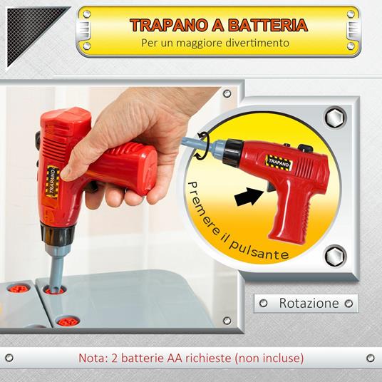 HOMCOM Banco da Lavoro da 79 Pezzi per Bambini da 3 Anni in Su con Trapano a Batteria e Attrezzi - Multicolore - 3