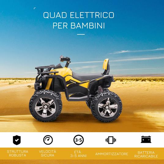 HOMCOM Quad per Bambini Elettrico 12V con Fari Funzionanti e Pedale, Batteria Ricaricabile, Età 3-5 Anni, 100x65x73cm - Nero/Giallo - 3