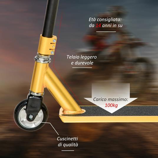 HOMCOM Monopattino Freestyle per Acrobazie Manubrio Girevole Stunt Scooter per Ragazzi da 14 Anni Trick Scooter - Oro - 4
