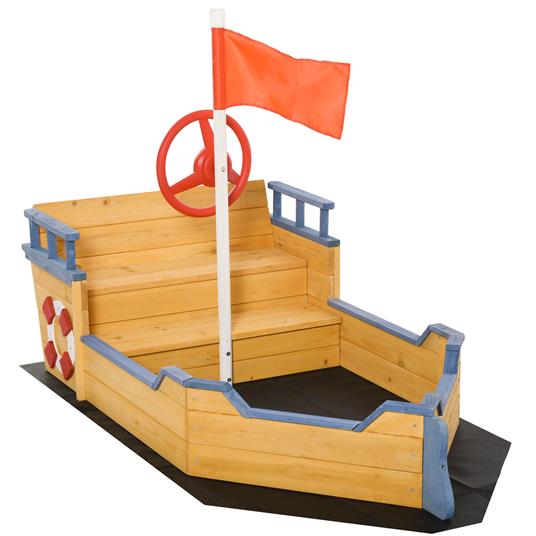 Outsunny Sabbiera per Bambini in Legno a Forma di Nave dei Pirati con Vano Contenitore, 158x78x45.5cm