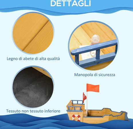 Outsunny Sabbiera per Bambini in Legno a Forma di Nave dei Pirati con Vano Contenitore, 158x78x45.5cm - 4