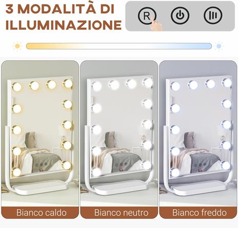 HOMCOM Specchio Trucco Illuminato Inclinabile con 12 Luci LED e Luminosità Regolabile, 32.8Lx11x47.4cm - 3