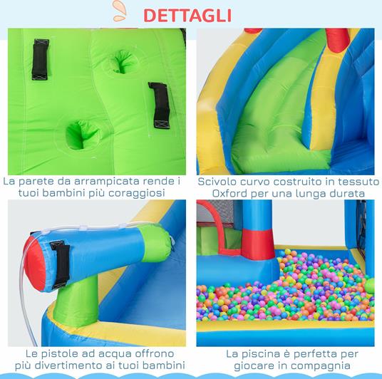 Outsunny Castello Gonfiabile per Bambini con Scivolo, Trampolino e Piscina, 390x300x197cm - 4
