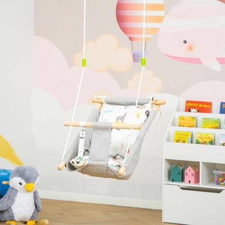 Outsunny Altalena per Bambini 6-36 Mesi in Legno e Cotone, 70x45x160cm, Grigio - 2