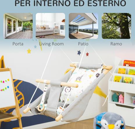 Outsunny Altalena per Bambini 6-36 Mesi in Legno e Cotone, 70x45x160cm, Grigio - 4
