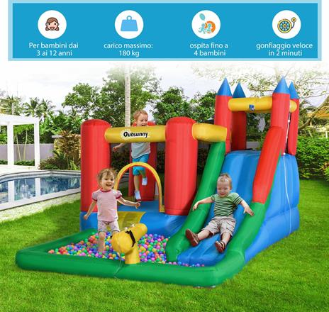 Outsunny Castello Gonfiabile per Bambini Piscina con Scivolo e Trampolino,  Pompa Elettrica, 350x250x185cm, Multicolore - Outsunny - Casette -  Giocattoli