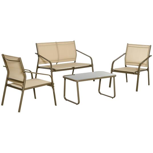 Outsunny Set Mobili da Giardino 4 Pezzi, Salotto da Esterno con 2 Sedie, 1 Divanetto e 1 Tavolino da Caffè in Metallo e Texteline, Kaki