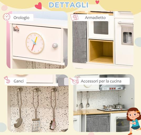 HOMCOM Cucina Giocattolo 2 Pezzi per Bambini 3-6 Anni con Utensili da Cucina, Luci ed Effetti Sonori, in MDF e PP - 3