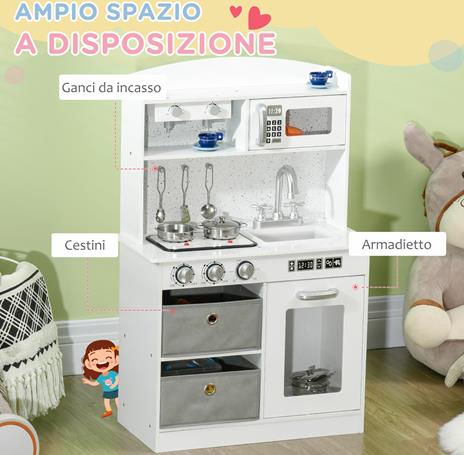 HOMCOM Cucina Giocattolo per Bambini 3-6 Anni con Luci e Accessori Realistici, in MDF e PP, 60.1x31.7x92.9 cm, Bianca - 3