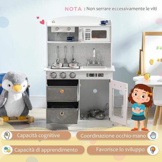 HOMCOM Cucina Giocattolo per Bambini 3-6 Anni con Luci e Accessori Realistici, in MDF e PP, 60.1x31.7x92.9 cm, Bianca - 4