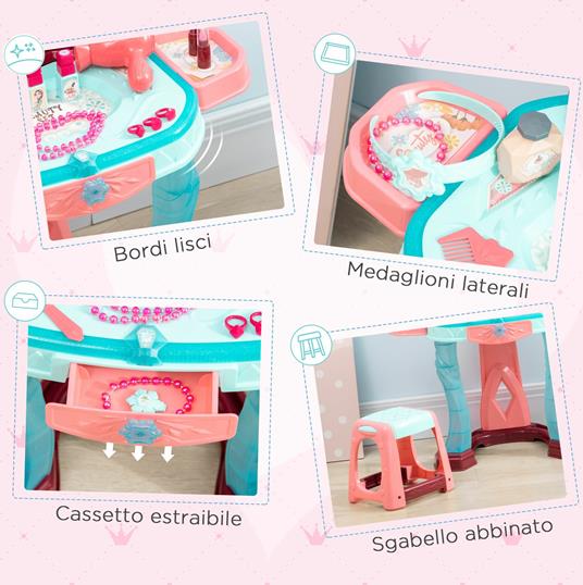 HOMCOM Set Toeletta con Sgabello per Bambini da 3-6 Anni con Luci, Musica e Accessori - 3