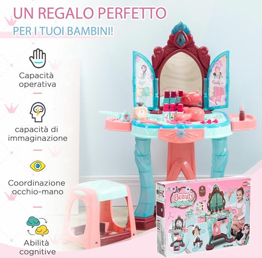 HOMCOM Set Toeletta con Sgabello per Bambini da 3-6 Anni con Luci, Musica e Accessori - 4