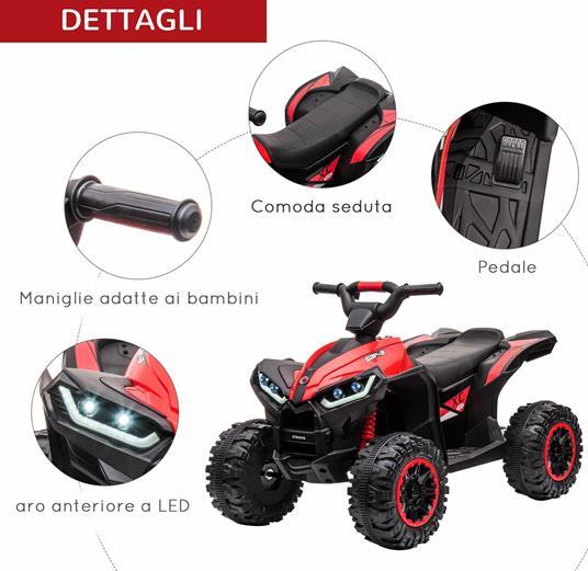 HOMCOM Quad Elettrico per Bambini 12V, 2 Velocità, Ruote Larghe con Sospensioni e Fari LED, Età 3-5 Anni, Rosso - 4