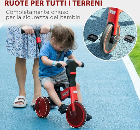 HOMCOM Triciclo per Bambini 18-60 Mesi con Manubrio Regolabile e Ruote Chiuse, 101x45x86.5 cm, Rosso - 3