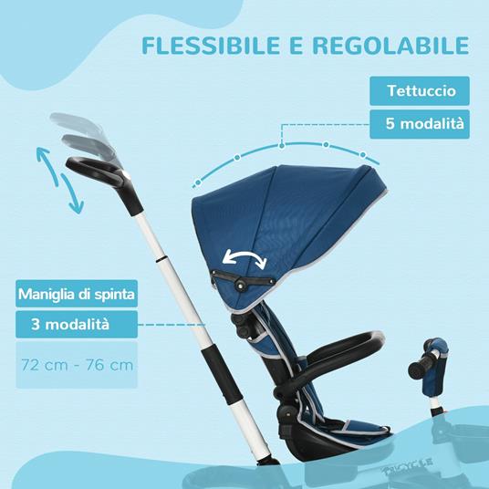 HOMCOM Triciclo per Bambini 12-50 Mesi con Maniglia di Spinta, Tettuccio e Poggiapiedi 110x58x100 cm, Blu e Bianco - 3