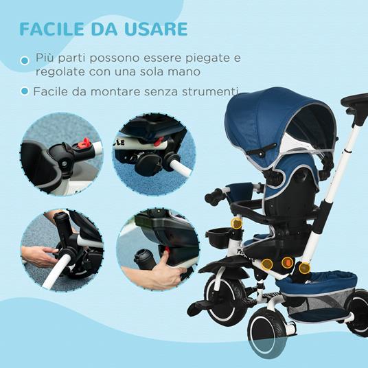 HOMCOM Triciclo per Bambini 12-50 Mesi con Maniglia di Spinta, Tettuccio e Poggiapiedi 110x58x100 cm, Blu e Bianco - 4