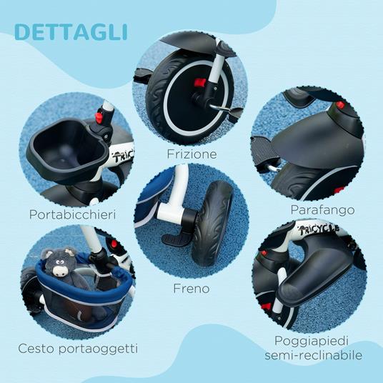HOMCOM Triciclo per Bambini 12-50 Mesi con Maniglia di Spinta, Tettuccio e Poggiapiedi 110x58x100 cm, Blu e Bianco - 5