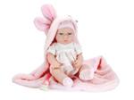 Bambola-Eva Collection,bambola con vestitino bianco e copertina rosa con orecchie-Hungary Toy-Eta 3+