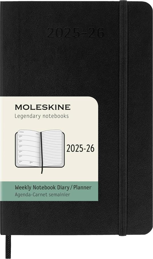 Agenda settimanale Moleskine 2025-26, con spazio per note 18 mesi, Pocket, Copertina morbida, Nero - Pocket 9x14