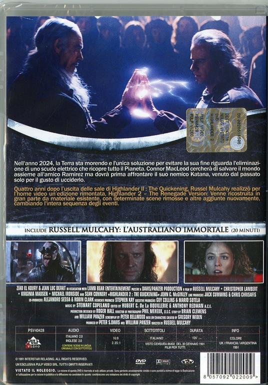 Highlander 2. Renegade Version (DVD) di Russell Mulcahy - DVD - 2