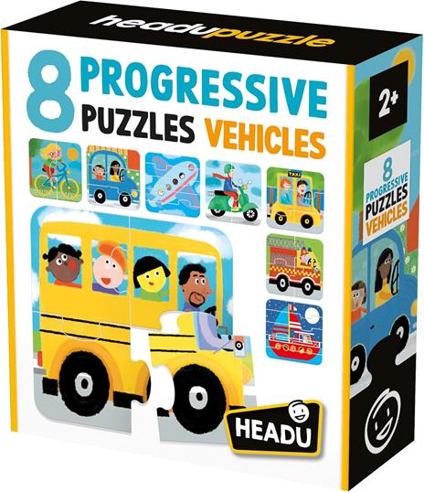 HEADU - 8 Progressive Puzzle Vehicles Puzzle Educativo per Bambini dai 2 ai 4 anni, Made in Italy | IT60957