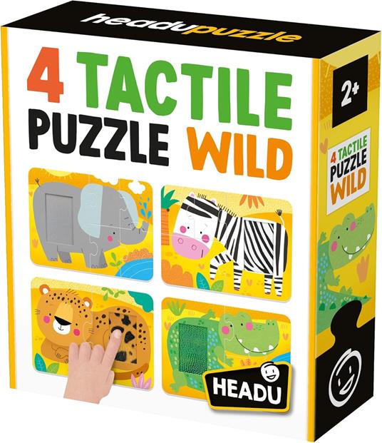 HEADU - 4 Tactile Puzzle Wild - Tocca e ricomponi! - Puzzle Educativo per Bambini dai 2 ai 4 anni, Made in Italy | IT58875