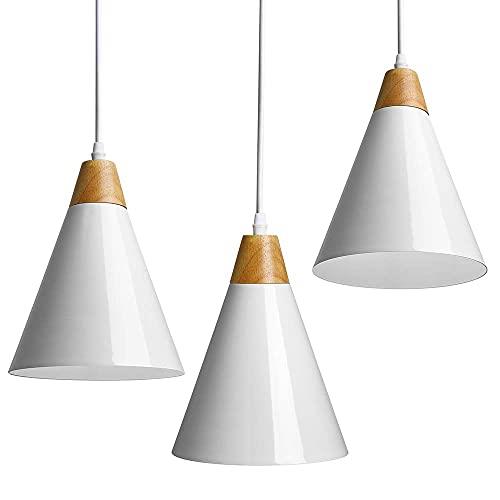 Bakaji Set 3 Lampadari Lampade a Sospensione da Soffitto in Metallo e Legno Design Moderno Industriale Portalampada Bianco E27 Lampadina Max 25W Illuminazione Arredamento Casa con kit Montaggio