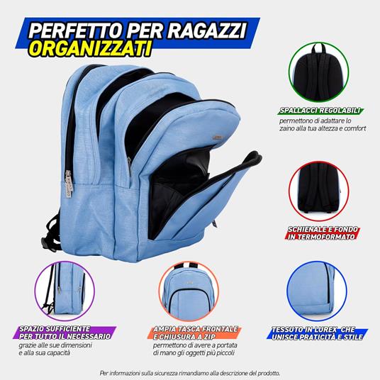 Zaino Scuola per Bambini e Ragazzi, Tasca Frontale, Spallacci Regolabili, azzurro Comix - 32x43Hx23 cm - 2