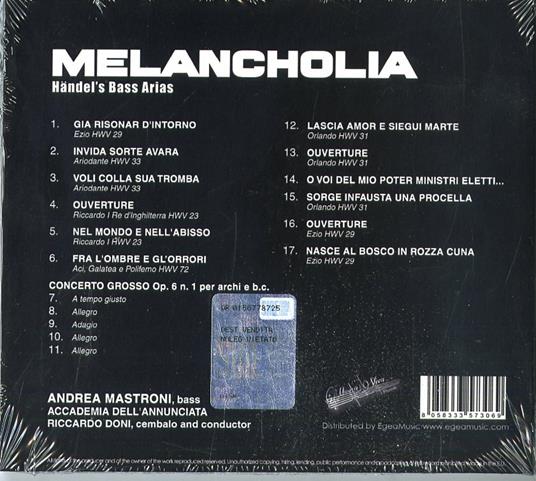 Melancholia. Händel's Bass Arias - CD Audio di Georg Friedrich Händel,Riccardo Doni,Accademia Musicale dell'Annunciata,Andrea Mastroni - 2