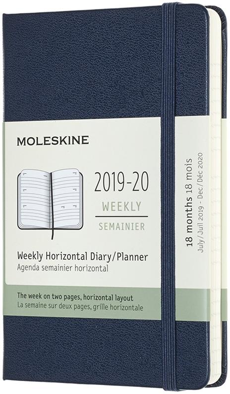 Agenda settimanale orizzontale 2019-2020, 18 mesi, Moleskine pocket copertina rigida blu. Sapphire Blue