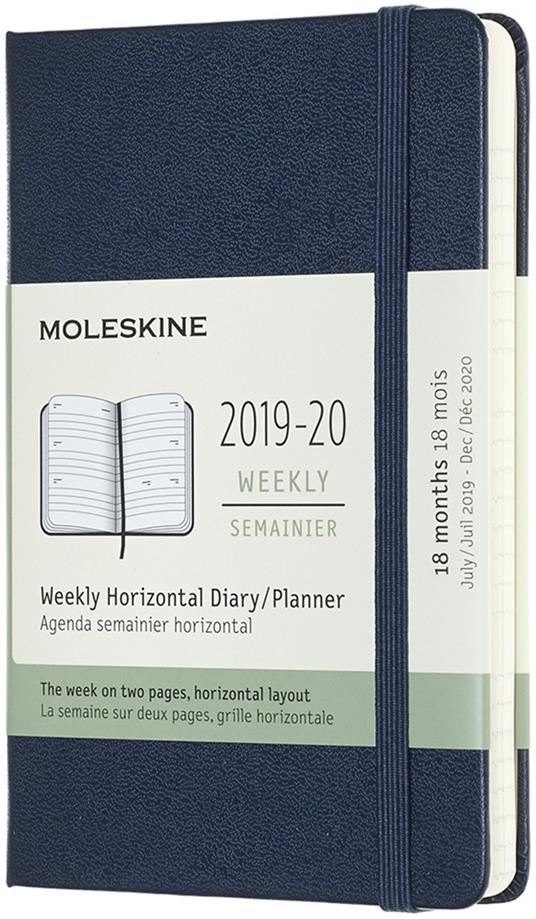 Agenda settimanale orizzontale 2019-2020, 18 mesi, Moleskine pocket copertina rigida blu. Sapphire Blue