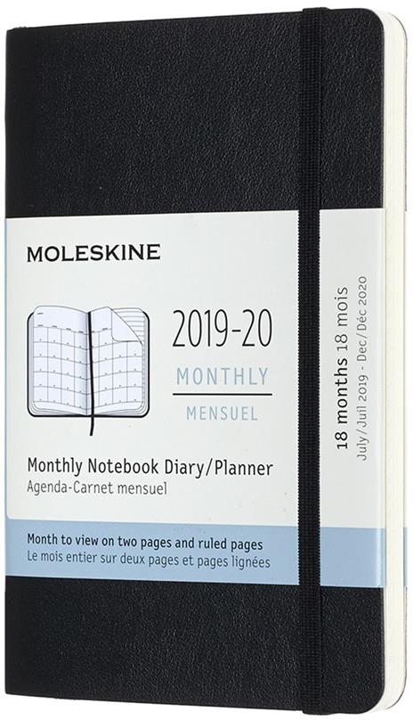 Agenda mensile 2019-2020, 18 mesi, Moleskine pocket copertina morbida nero. Black