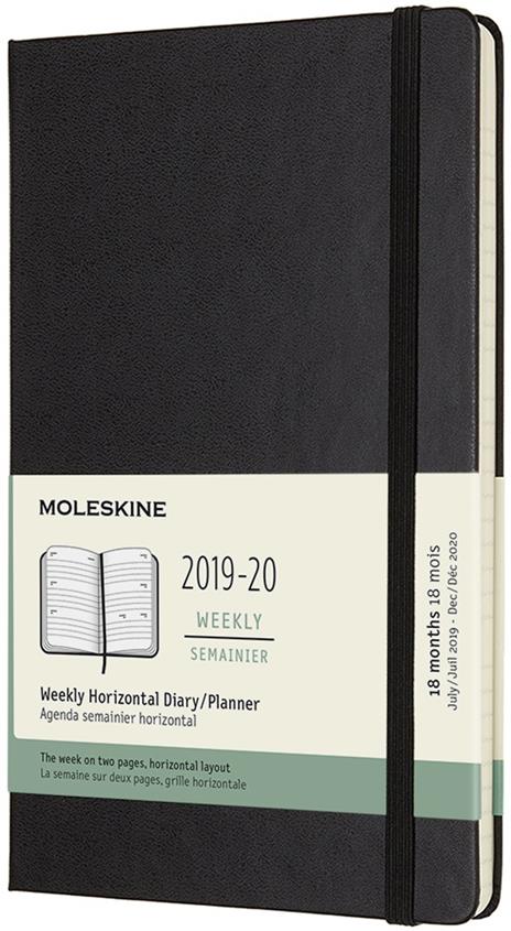 Agenda settimanale orizzontale 2019-2020, 18 mesi, Moleskine large copertina rigida nero. Black