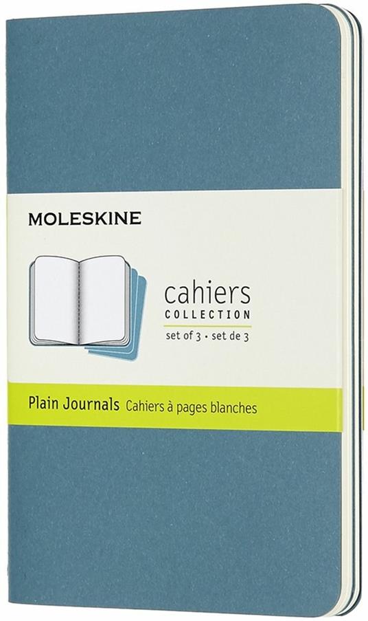 Quaderno Cahier Journal Moleskine pocket a pagine bianche azzurro. Brisk Blue. Set da 3