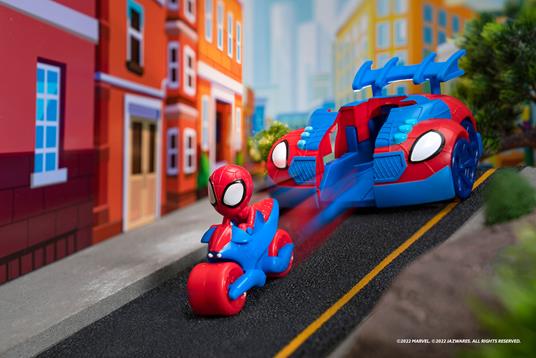 Veicolo 2 in 1, auto con funzione lanciatore, moto e personaggio spidey