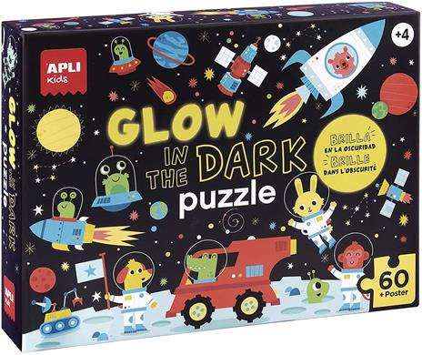 Apli kids 18813-Puzzle fluorescente Glow in the Dark-Modello Spazio-Effetto Fluo, si illumina al buio-60 pezzi dimensioni 6 x 6 cm, 18813