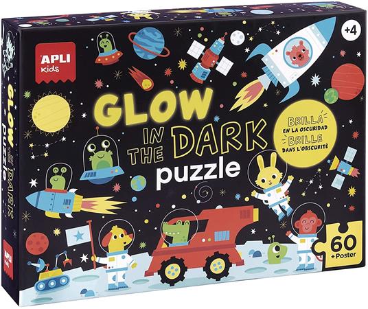Apli kids 18813-Puzzle fluorescente Glow in the Dark-Modello Spazio-Effetto Fluo, si illumina al buio-60 pezzi dimensioni 6 x 6 cm, 18813
