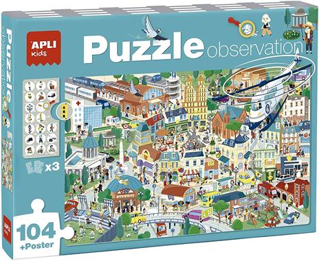 Apli kids 18820-Puzzle Osservazione Città-104 pezzi dimensioni 5 x 5 cm. Include 3 schede con oggetti da ricercare, 18820